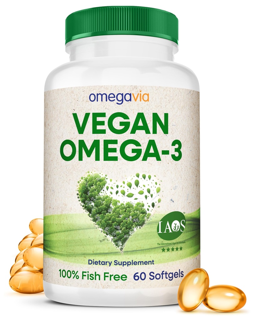 OmegaVia Vegan Omega 3号补编,Algae Omega 3号鱼油替代品,300mg Vegan DHA 脂肪酸,植物基,行星与海洋友好,IAOS 5星测试,60软胶