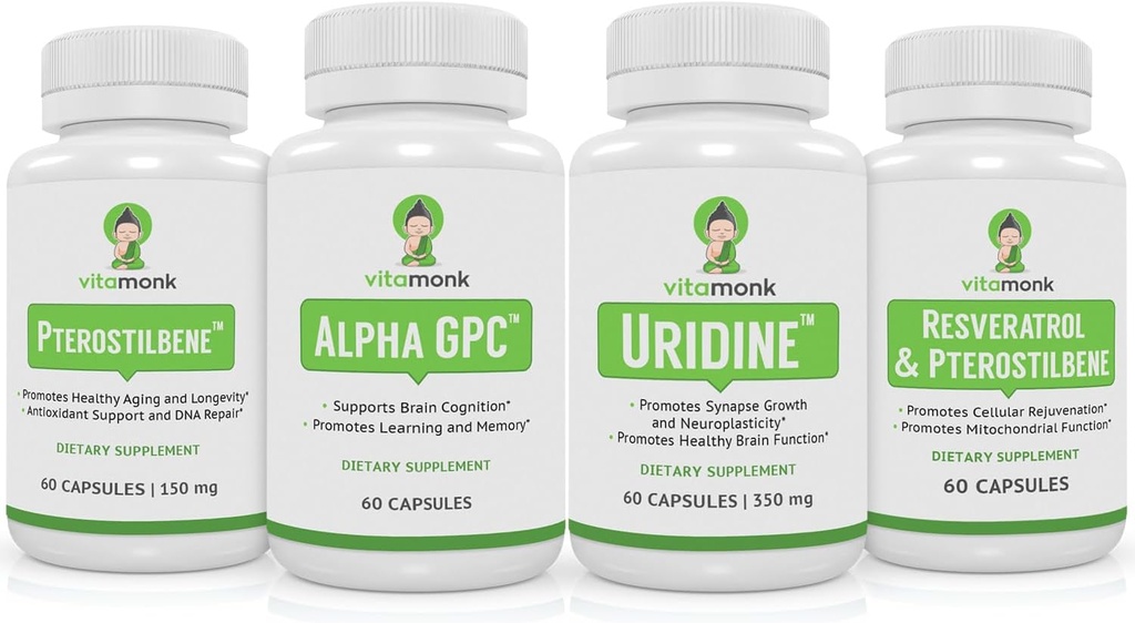 VitaMonk Resveratrol、Pterostilbene、Alpha GPC和Uridine Bundle - 长寿和大脑助推堆