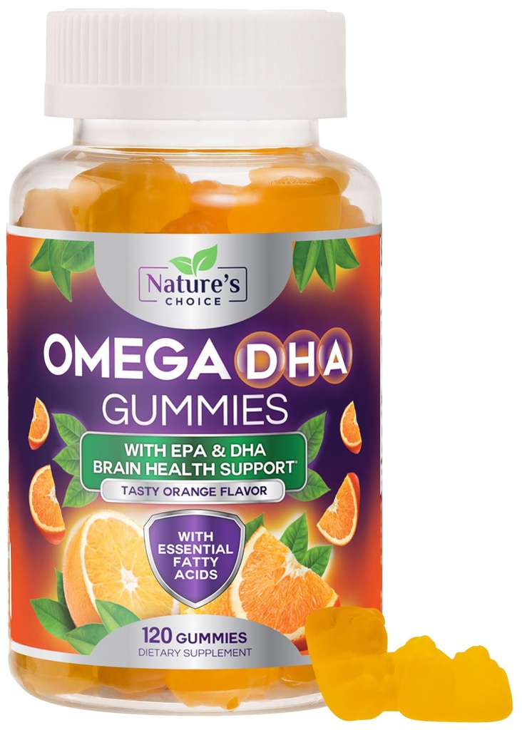 Omega 3鱼油胶 - 三强Omega3 Gummy - DHA & EPA Faty Acids for Heart Health, Joint & Brain Supports, Natural's High Absolute Omega鱼油增产,橙色Flavor - 120 Gummys