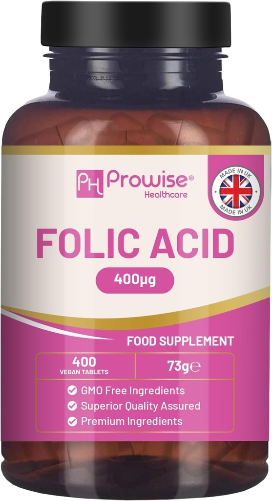 Folic Acidits 400 mcg - 400 Vegan Vitamin B9 Tablets 13个月供应 维生素 B9 妊娠护理 免疫系统正常功能和妊娠期母体组织生长 英国制造 — — prowise