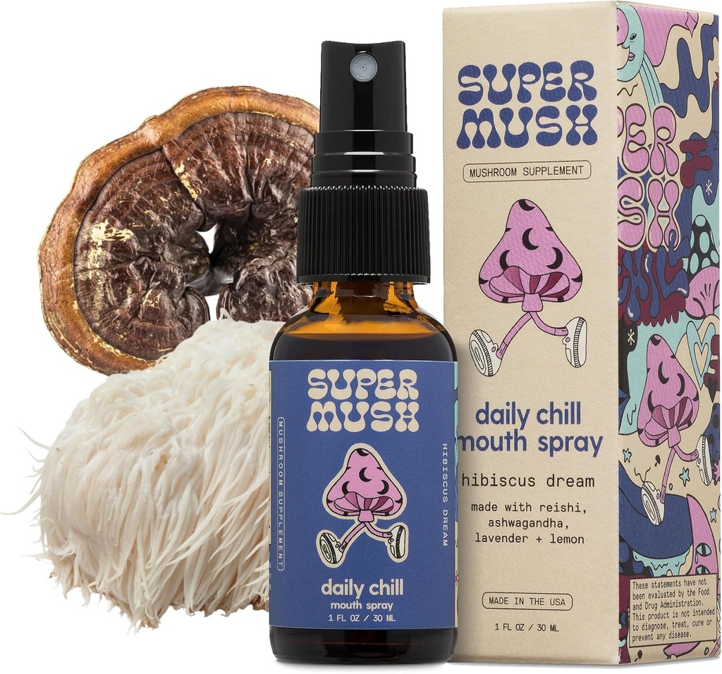 SuperMush Daily Chill Mooth Spray - 蘑菇Spray 补充 Reishi - Hibiscus & Ashwagandha 混合蘑菇 提取纯液Sprays - 压力缓解,放松和冷静 - 30毫升有机狮子的马内