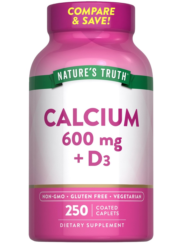 天然的真理钙 600mg 配有维生素D3 → 250 caplets → 碳酸钙 → 蔬菜, Non-GMO & Gluten 免费补充