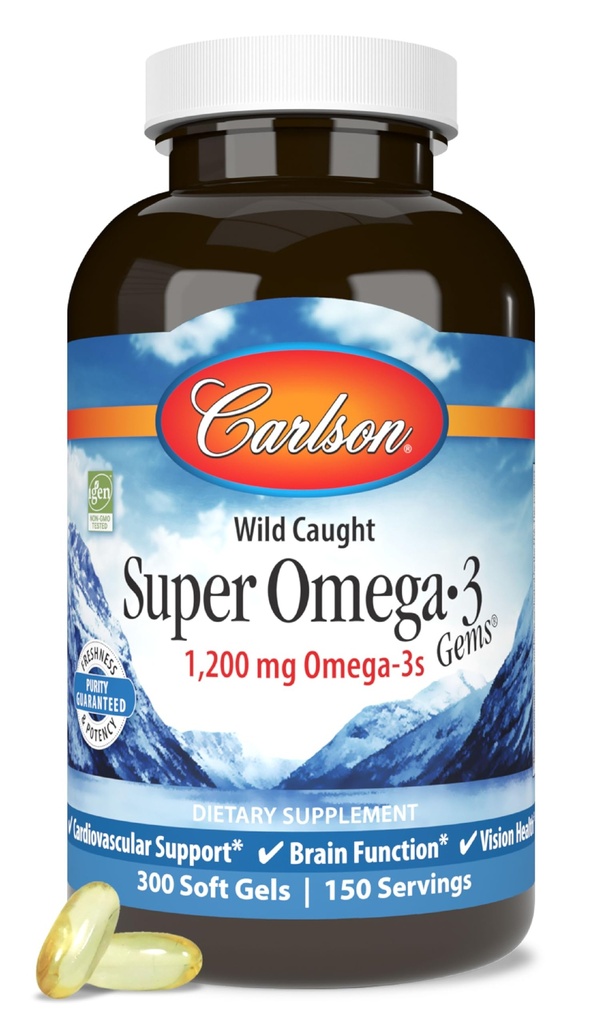 Carlson - Super Omega-3 Gems, 1200 mg Omega-3 Fatty Acids with EPA and DHA, Wild-Caught 挪威鱼类油补充品, 可持续源头 Capsules 300 软胶