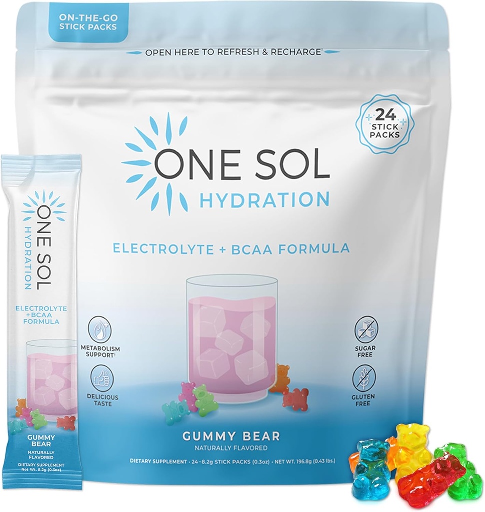 1 Sol BCAA & Electrolyte Powder for Hydrition & Energy, 全自然公式, 100% Vegan, 非GMO, Gluten Free & Soy - Free, 促进肌肉生长和复苏, Gummy Bear Flavor