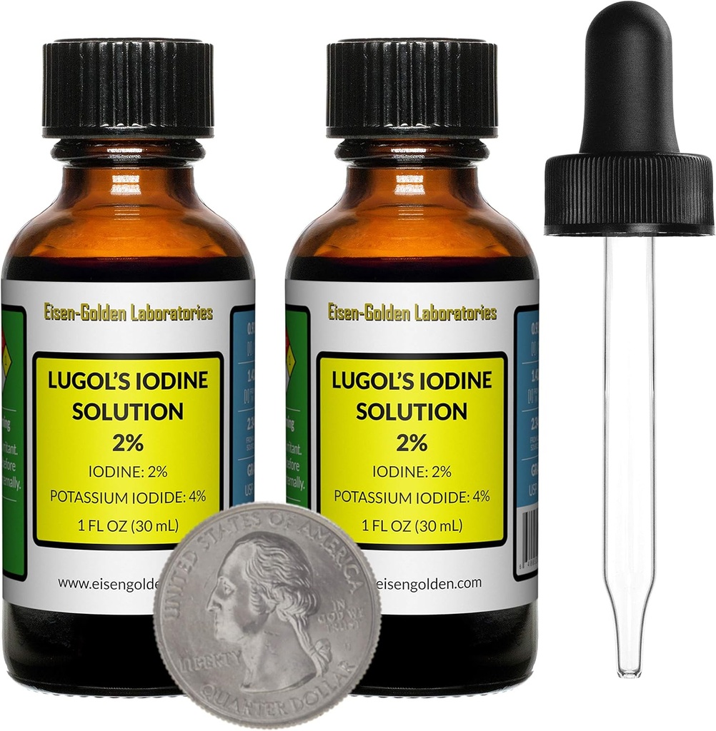 Lugol的碘/2%溶液/ 2 Oz in Two Amber Glass Bottles/ Free Droppers/美国