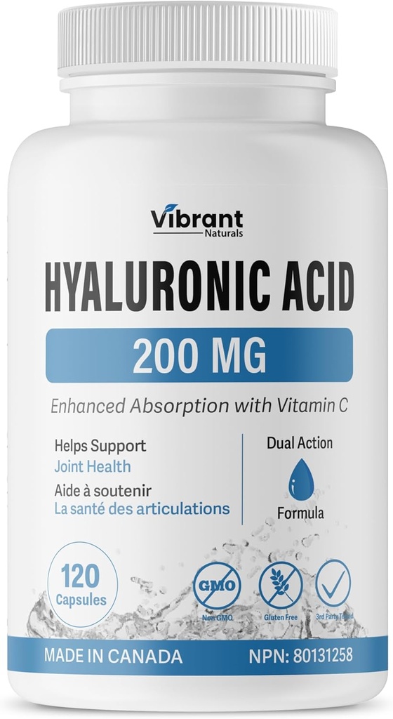 Hyaluronic酸补充物200mg - 120 Capsules,配有维生素C 100mg,联合和皮肤健康,非GMO发酵,无胶质,第三方测试,生物可用公式