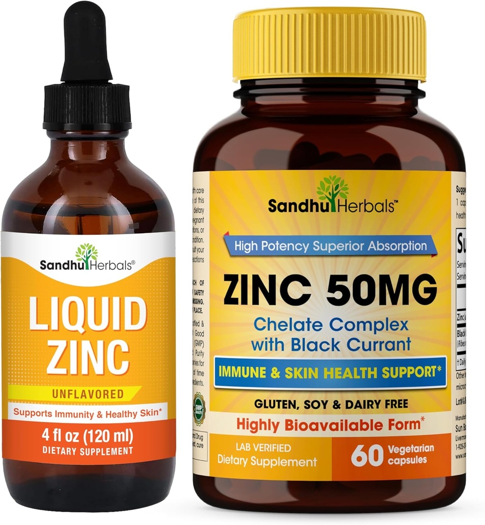 Sandhu Herbals Liquid Zinc Dropps 4 Oz & Zinc Capsules 60 Counter Suppose 支持美国产的Immune和皮肤健康