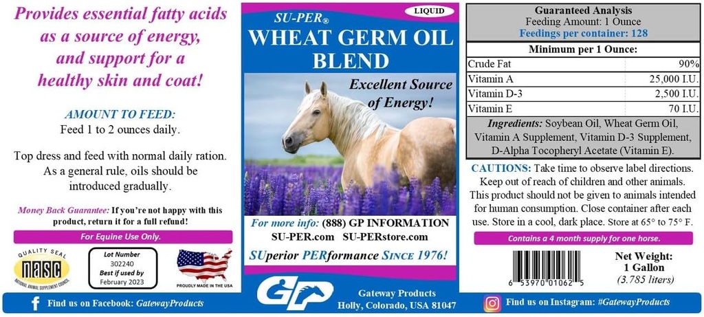 SU-PER Wheat Germ Oil Blend for Horses - Supports Energy, Endurance, Stamina, Healthy Skin and Coat - Essential Fatty Acids, Vitamins and Minerals - 1 Gallon + Pump, 4 Month Supply