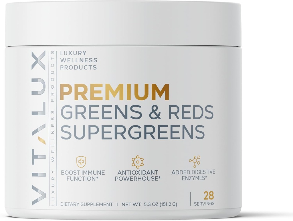 VITALUX ##1 压定的Premium Greens & Reds 超级食品 粉末 + Imune 函数,加成抗氧化剂,加载w/消化酶 → 17 强力成份 → 3 测试, Vegan + USA 制造 - 28天
