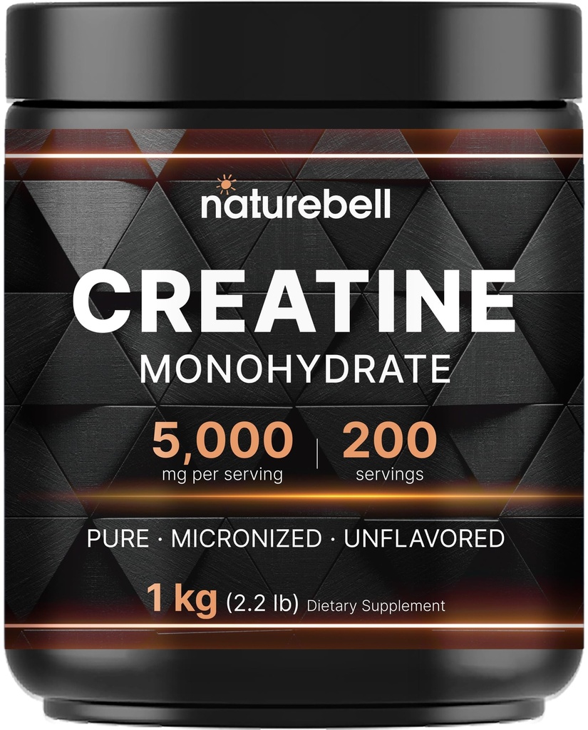 NatureBell Creatine 单水合物粉末1000g,每服5000mg,200 services (2.2 lb) → 微量化,纯和不味化 → 工作前肌肉支持 * * Keto, Vegan, Filler-free