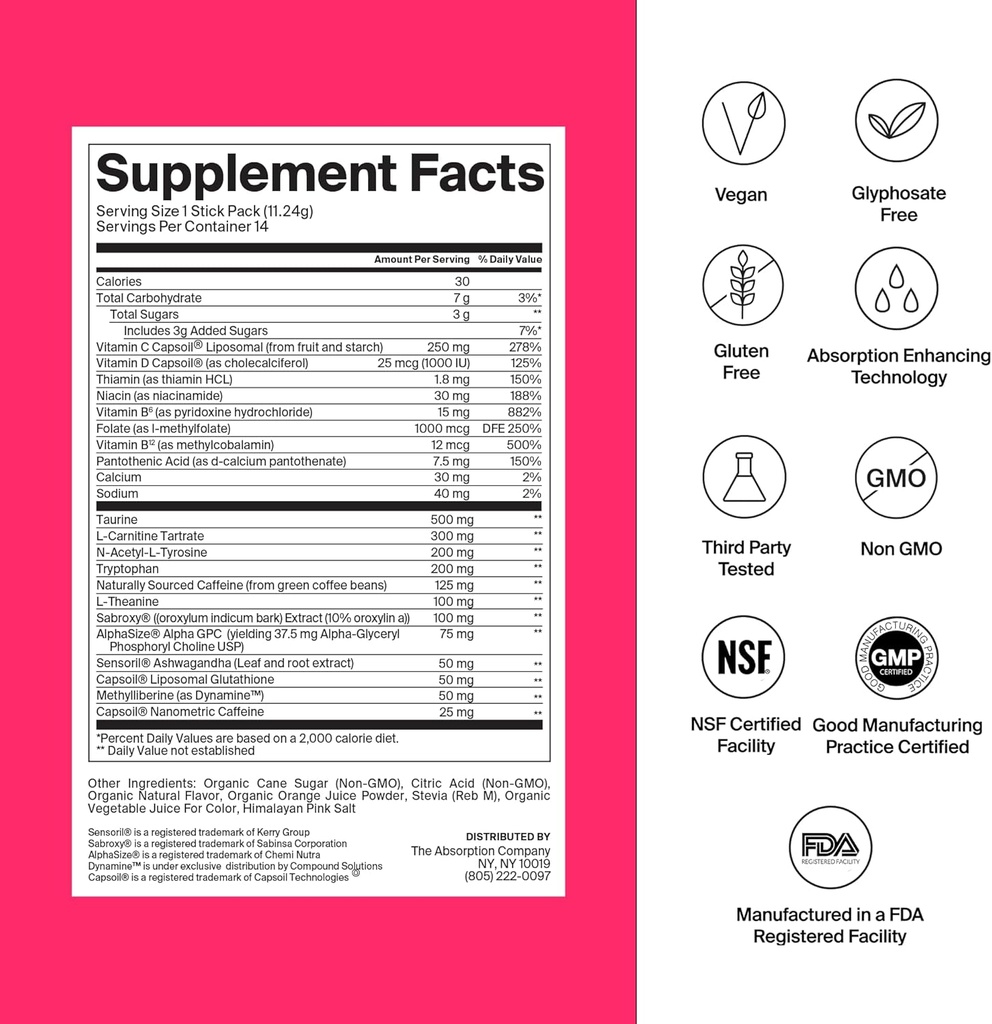 吸附公司 Energy Drink Powder Mix Packets – 支持警示的清洁能源助推器 150mg天然咖啡因和维生素C – 水果扑灭火焰,28棒