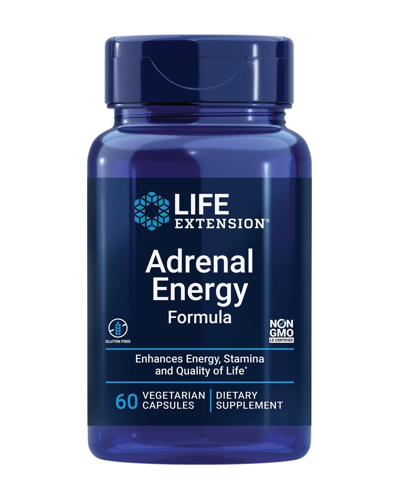 Life Extension Adrenal Energy Formula, Help inhibit the Effects of Stress, holy Basil, cordyceps, bacopa and ashwagandha, Gluten Free, Non-GMO, Vegetarian, 60 Capsules