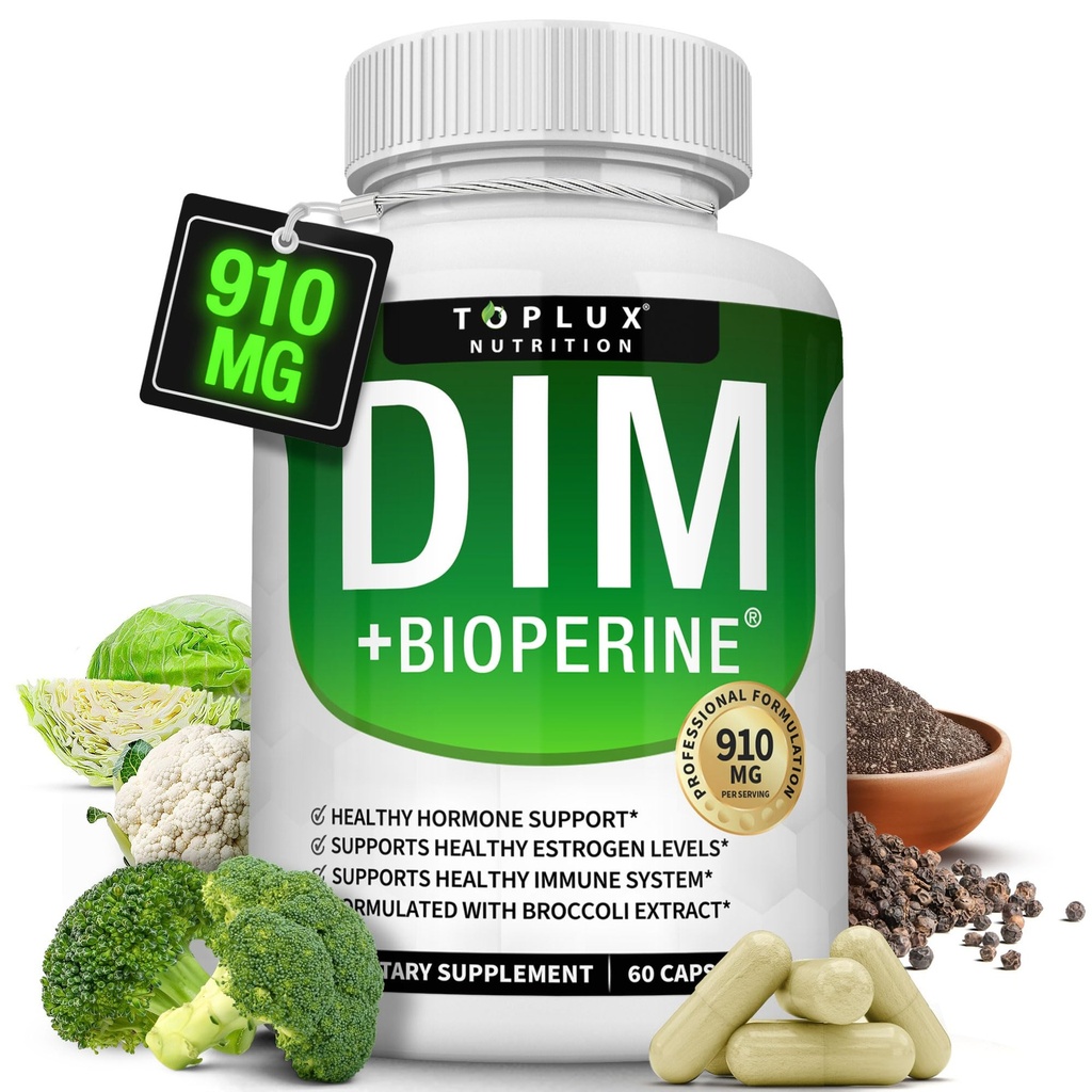 Dim 补充 910 mg + BioPerine Complex - 支持荷尔蒙平衡和雌激素代谢的Diindolylmethane, 帮助更年期Acne PCOS 更好的皮肤造型, 面向男性, 60 Capsules