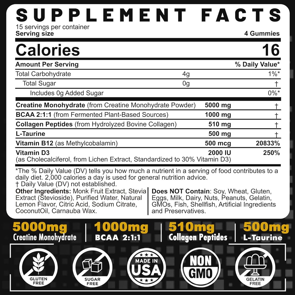 男子和女子奶油酸单水合物复合物,6-in-1 与BCAA,Collagen Peptides,L-Taurine,15个服务,天然柠檬火焰-60个计数(一包)