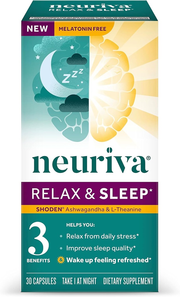NEURIVA Melatonin 免费自然睡眠援助补编,配有 L-Theanine 帮助你放松和Ashwagandha 支持恢复睡眠,这样你就可以重新醒悟,30厘米长的卡普尔