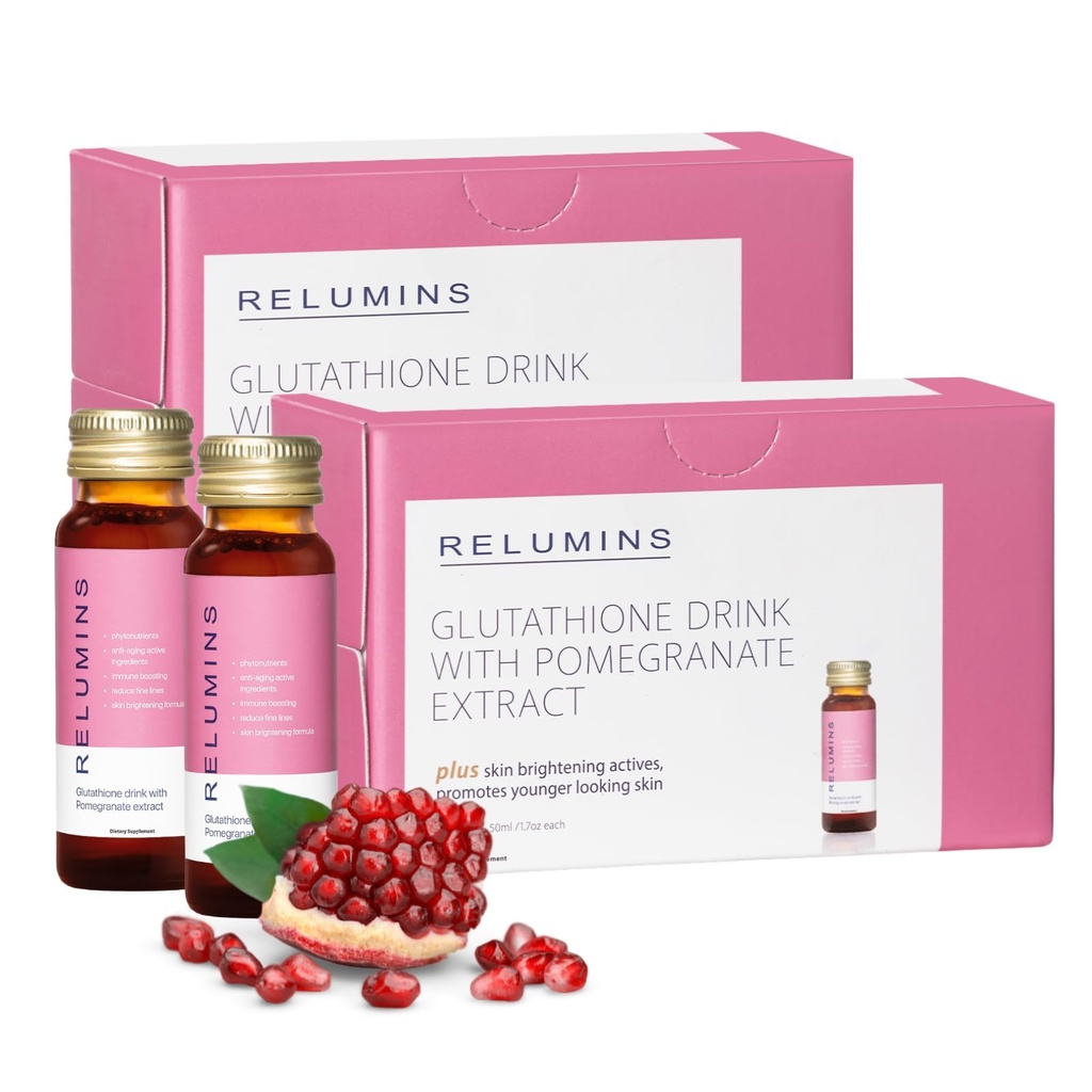 Relumins Glutathione Shots | Summer Glow Wellness | USA's No.1 Liquid Glutathione Drink with Collagen & Antioxidant Boost for Radiant Skin | Pomegranate Flavor | 20 Bottles x 50ml