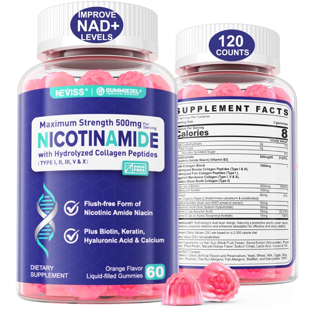 2 Pack - Nicotinamide 500mg Gummies, NAD+ Supplement for Women & Men w/ Collagen Peptides, (Flush Free Niacin) Vitamin B3 Niacinamide for Anti-Aging, NAD+ Levels, Longevity, Focus & Brain, Sugar Free