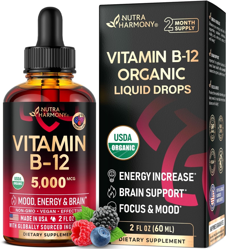 USDA 有机维生素B12 亚语言药滴 -- -- 5000 mcg 液体 Vegan 甲基Cobalamin 供妇女和男子使用 -- -- 能源促进、重点和混合、脑健康支助 -- -- 最大限度地吸收 -- -- 2个月供应,2 f oz