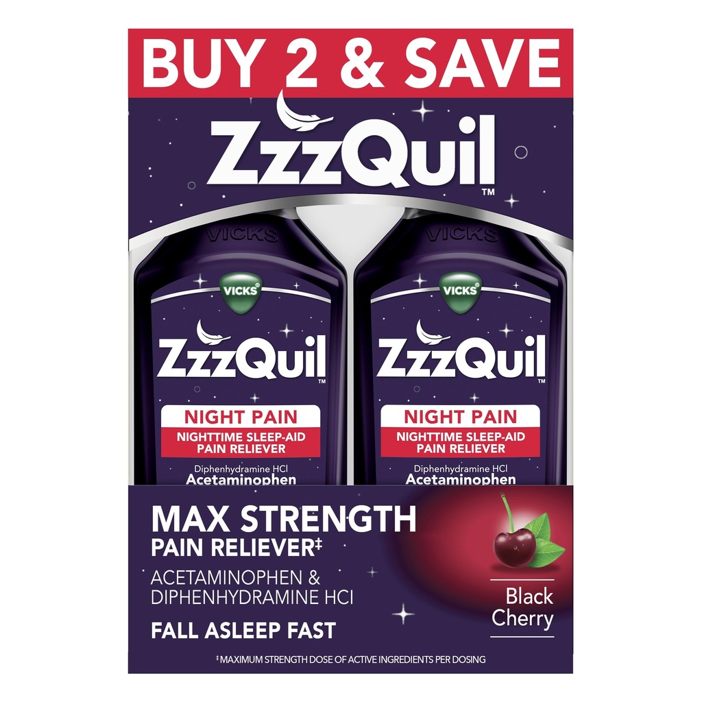ZzzQuil 液体 Max 强度 痛苦 救生剂 夜间睡眠援助 液体 乙酰氨基苯 1000mg,二苯胺 50mg HCI, 无海比特成型, 黑樱桃 Flavored, 2 Pack, 24 FL OZ