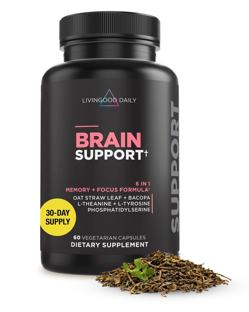 Livingood Daily Brain Supplements for Memory & Focus, Nootropic Pills with Bacopa, L Theanine, L Tyrosine, Amino Acids & More, Cognitive Support for Men & Women, Vegan, Gluten Free, 60 Capsules