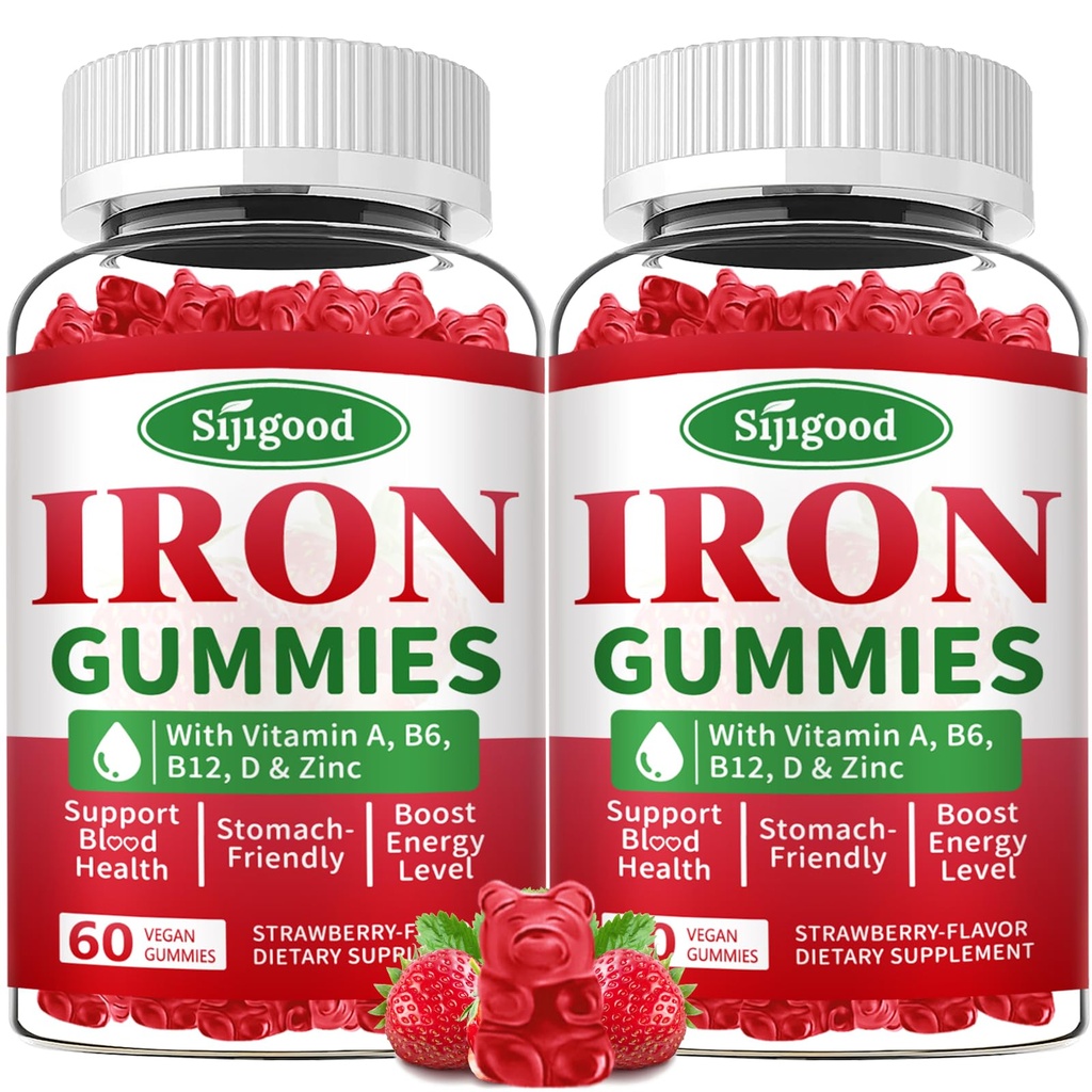 2 Pack Iron Gummys for Women & Men - Vegan Iron Anemia & Iron Defency,配有维生素B12,维生素C,锌,Folate - Energy Boost,无糖,草莓火焰,120 Count
