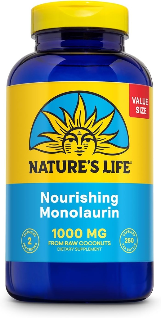 自然生命monolaurin 1000 mg, Natural Raw Coconut中的Nourishing Monolaurin, Immune支助补编,Gut健康,平衡Gut Flora,60天保障,125个服务,250个蔬菜卡普尔