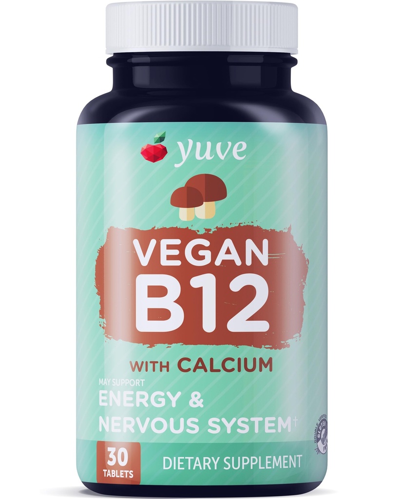 Yuve Vegan B12配有最大吸收钙 - 主动能量和中神经系统支持 - 1000mcg Cobalamin Vitamin B 12 - 天然,非GMO,Gluten - 无糖 - 30 Tabs