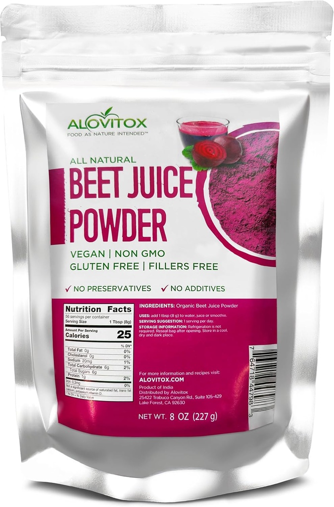Alovitox 有机甜菜汁粉 纯净 新鲜 和 USDA 甜菜汁 提取 Powder Nitric Oxide Superfood | Vegan, Non - Gmo & Gluten - Free - | 支持 强化和有效解决会(8 oz)