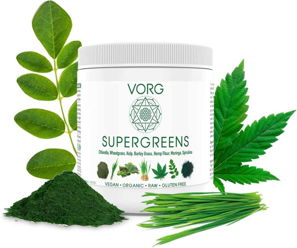 VORG 超级绿色 - 1 绿色超级食品粉末加氯、巴利草、莫林加、凯尔普、螺旋藻、小麦草 - 100%有机 - 配方、纤维和酶(1周供应)