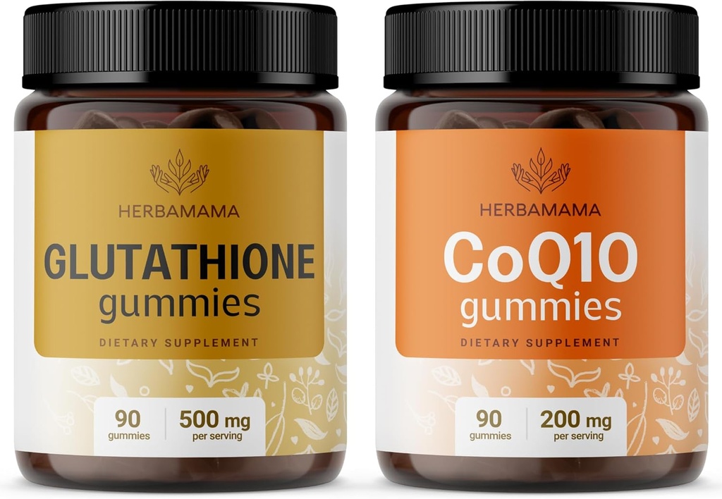 HERBAMAMA Glutathione和CoQ10 Kit - 包装500毫克的减量L-Glutathione和200毫克CoQ10 Gummys - Vegan、N-GMO、无盖拉汀 - 2包