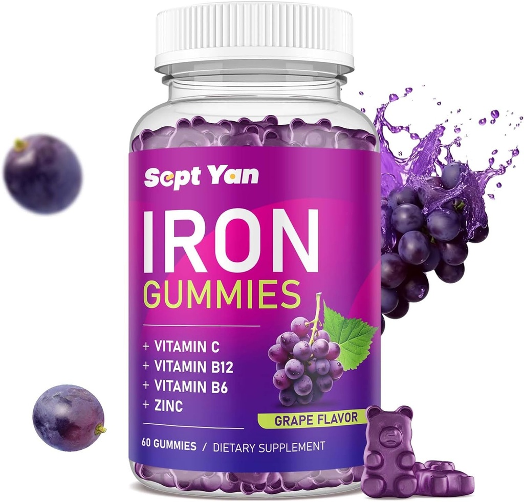 女性和孩子的铁胶(Iron Gummys for Women & Kids) - 有维生素C, B12, B6, Zinc - 造血者与能源 - 铁胶支持造血者, Anemia - 60 Vegan Grape Flavor