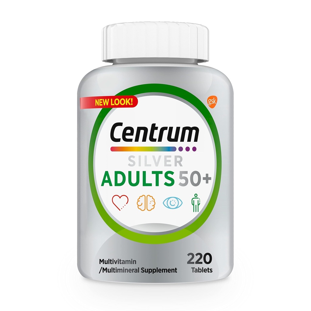 Centrum Silver Multivitamin for Adults 50 Plus, Multivitamin/Multiminal Supplement, Vitamin D3, B Vitamins, Gluten Free, 非GMO 成份,支持老年人的记忆和认知 - 220 Ct