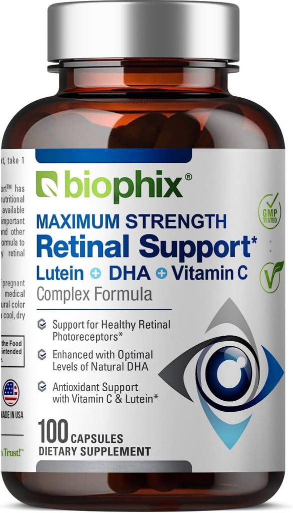 Biophix 视网膜支持最大强度复合公式 100 Capsules - 锌维生素C E Lutein DHA Omega-3 Astaxanthin Hyaluronic酸 - 支持眼视健康