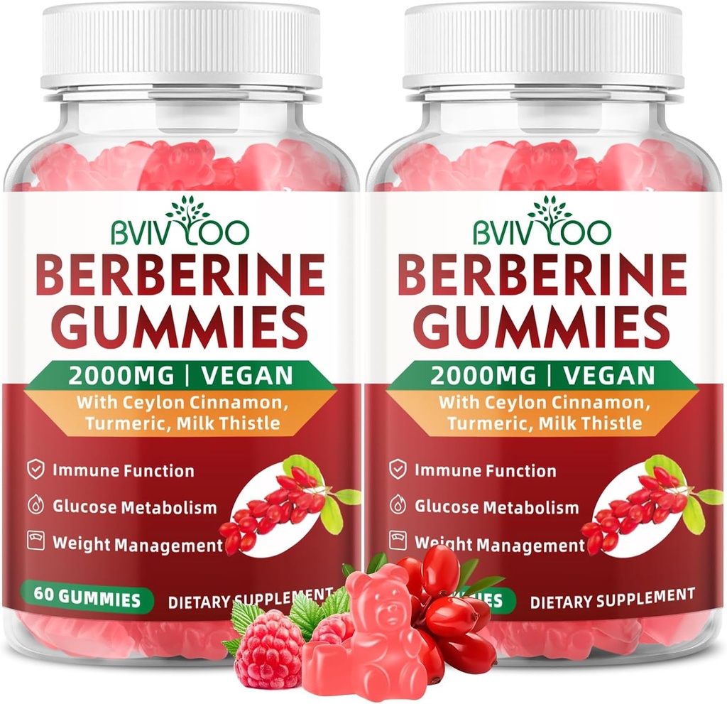 2 Pack Berberine Gummys, 2000mg 高概率 Berberine HCI 补充品, Plus Ceylon Cinnamon, Milk Thetle for Women and Men, Immune System and代谢支持 - 120 Gummys