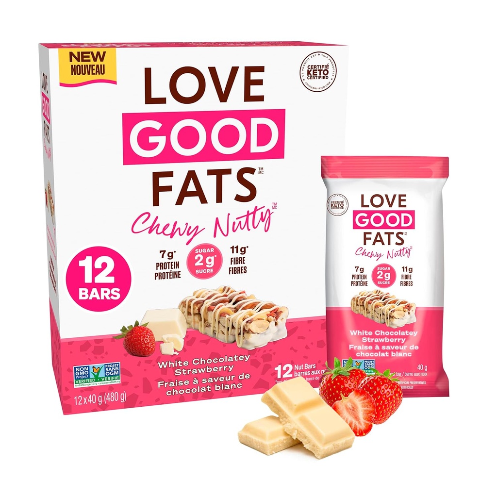 爱好好胖子 Chewy Nutty White 巧克力味的草莓 Keto Bars - 低碳蛋白肉馅饼 - 12包(每个酒吧1.59oz/45g)