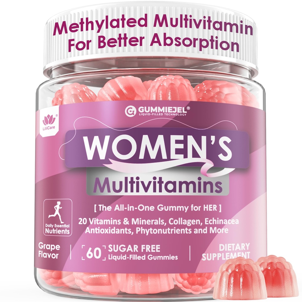 女性多维他明 Gummy与铁,Biotin 2500mcg, Collagen, Keratin, Daily Vitamins A C D E Folate, B Complex, 甲基多维他明 女性支持能源, 美, Immune, 无糖, 60 计