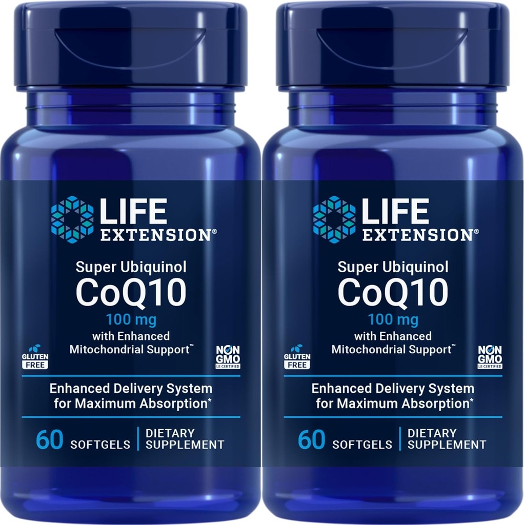 寿命延长 Super Ubiquinol CoQ10 配有增强型 Mitochondrial 支持 100 mg, 60 软胶(Pack of 2)