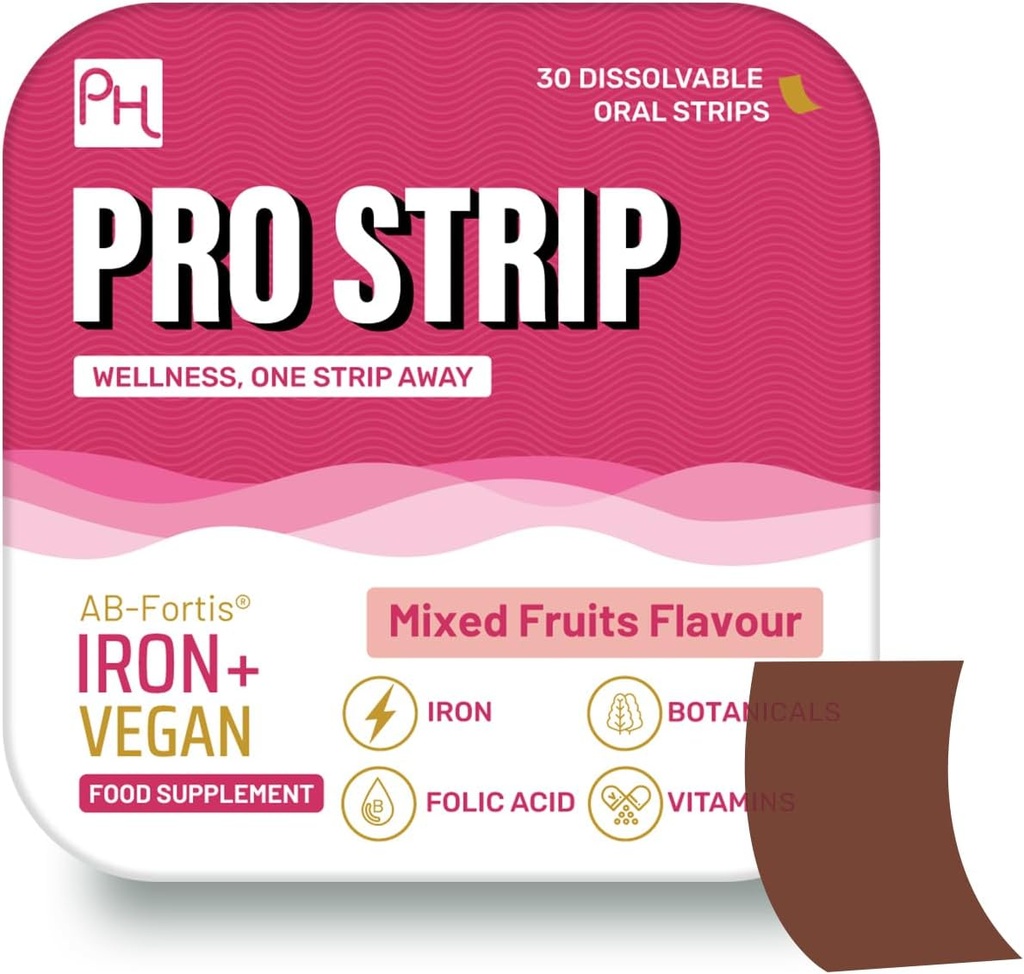 PROSTRIP 铁+AB-Fortis 14mg 添加维生素C,B1,B2,B6 叶酸,比特罗特,菠菜和塔特樱桃 – 30 口服 Vegan 条 – 不需水 – 由Prowise医疗保健的高吸收