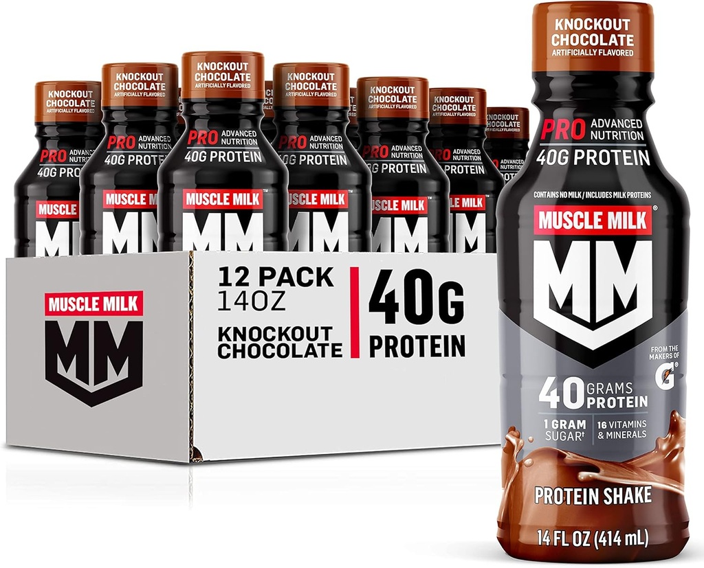 Muscle Milk Pro 高级营养蛋白摇摆,击出巧克力,14 Fl Oz瓶,12 Pack,40g蛋白,1g 糖,16 Vitamins & Minerals, 6g Fiber, 工作恢复,包装May Vary