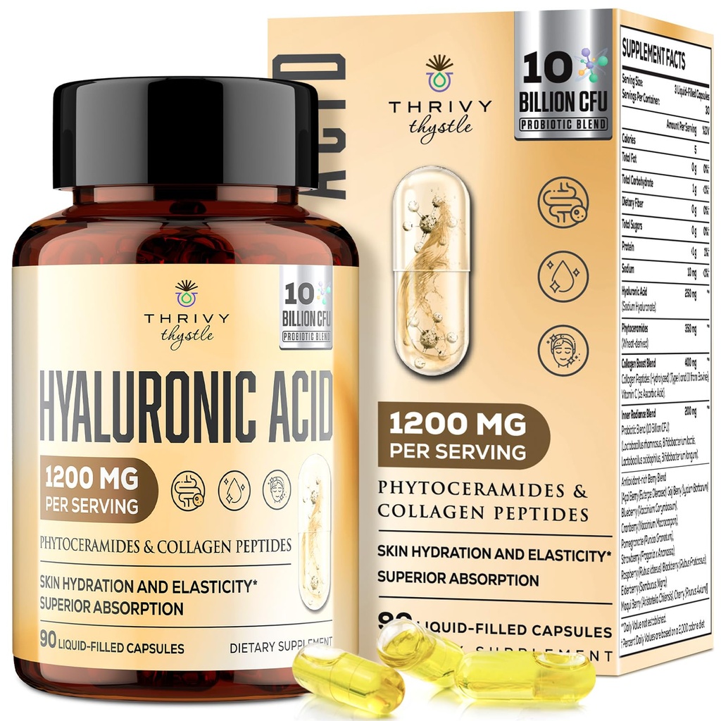 19-in-1 Hyaluronic Acid Capsules - Hylunaric Acid 1200 mg,配有Collagen Peptides,维生素C,Phytoceramides - 用于皮肤,眼睛,胃肠,骨骼支持(1包)