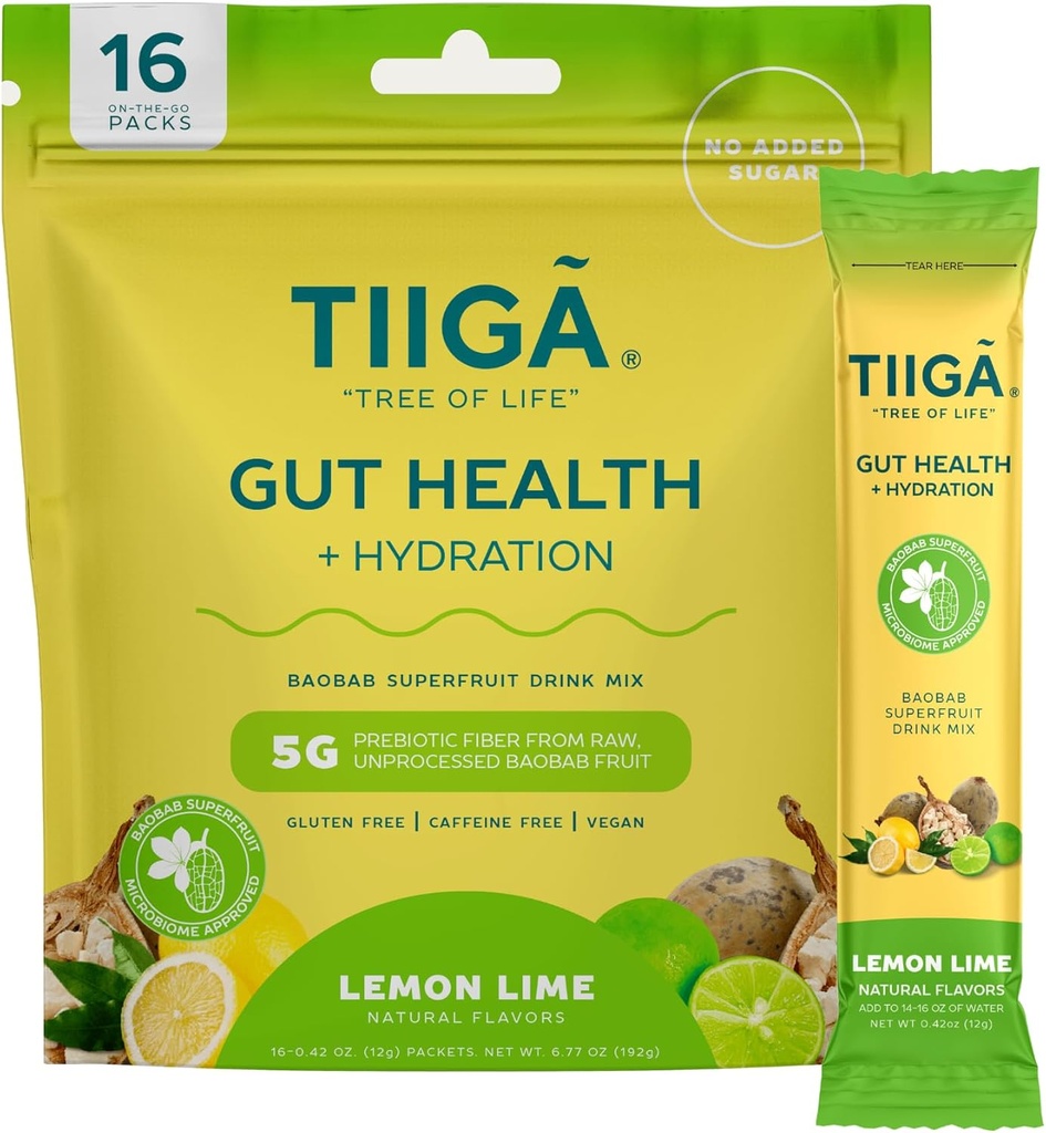 Tiiga Gut Health + 水分饮料混合剂 — 7g Baobab, 5g Prebiotic Fiber, Electrolytes, 无乳制品, Vegan, 无添加糖, 消化, 常规,和便秘 — 16种服务