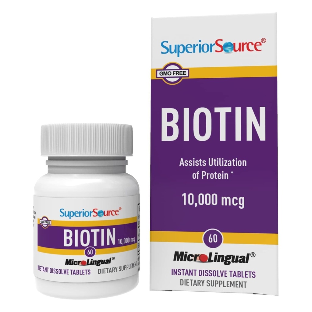 Superior source Biotin 10,000 mcg - 每日补充支持发型健康与生长 - 天然生物素补充 辅助 健康钉和皮肤 - 60种次语言溶解片
