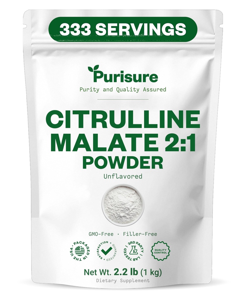 Purisure L Citrulline Malate 2:1 粉末, 1公斤, 强度性能和能量补充剂和硝酸盐, 预工L Arginine L Citrulline 补充剂, 334 服务