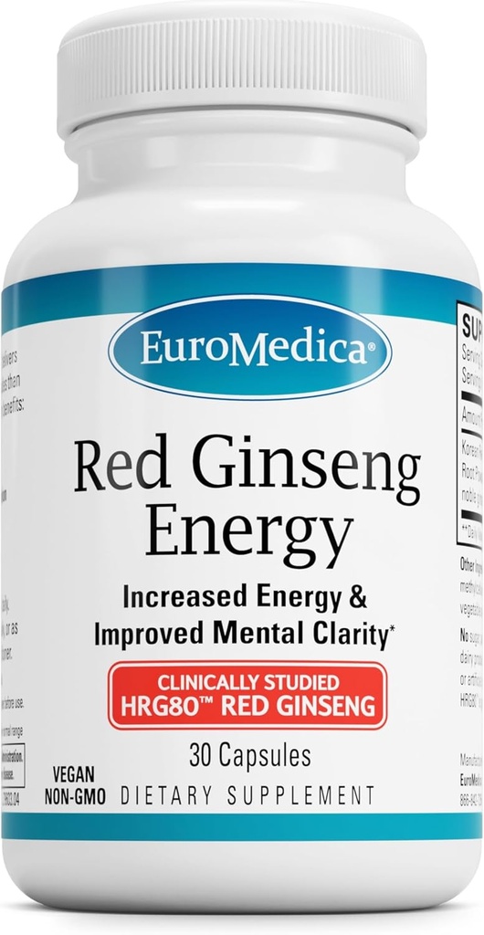 EuroMedica Red Ginseng Energy - Supplement to Support Healthy Energy & Focus - Herbal Supplement with Korean Red Ginseng Root Powder - Vegan Tablets to Aid Healthy Endurance - 30 Capsules