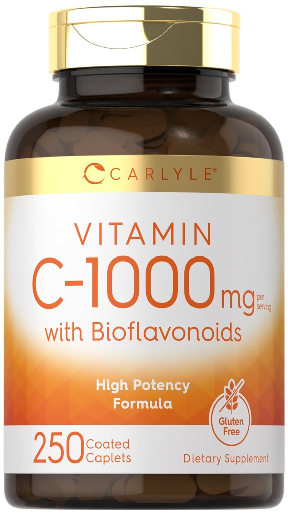 Carlyle Vitamin C 1000mg 配有 Rose Hips 和 Citrus Bioflavoids 250 Caplets 蔬菜,非GMO, Gluten 免费补充品