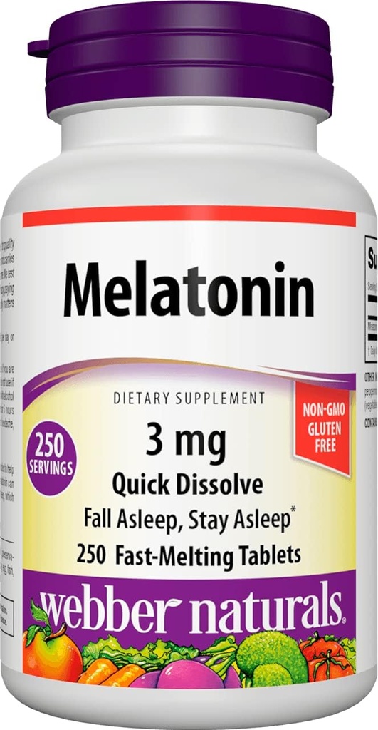 Webber Naturals Melatonin 3 mg, 易溶解, 250平板, 100%的成人无药睡眠援助, Gluten Free, 非GMO, 适合蔬菜
