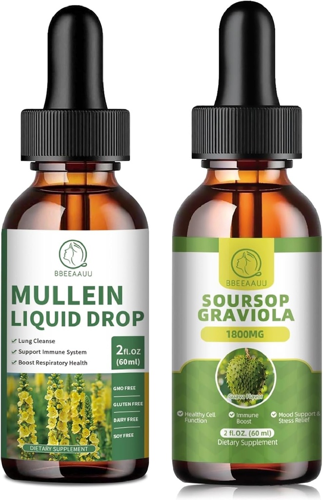 Mullein Drops for Lungs, Mullein Leaf 提取1000MG for Lung Cleanse & Soursop Graviola Liquid Drops 1800mg, Soursop 叶片提取用于细胞再生