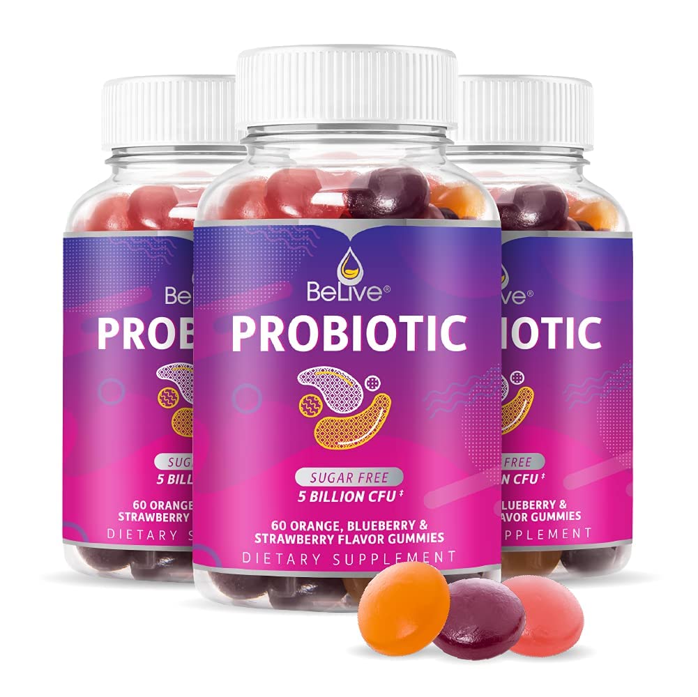 BeLive Probiotic Gummys - 配有5亿CFU用于消化健康,男,女,儿童 Probiotic Supposes for Immune Support, Sugar Free & Vegan – 蓝莓,草莓和橘子 → 3-Pack