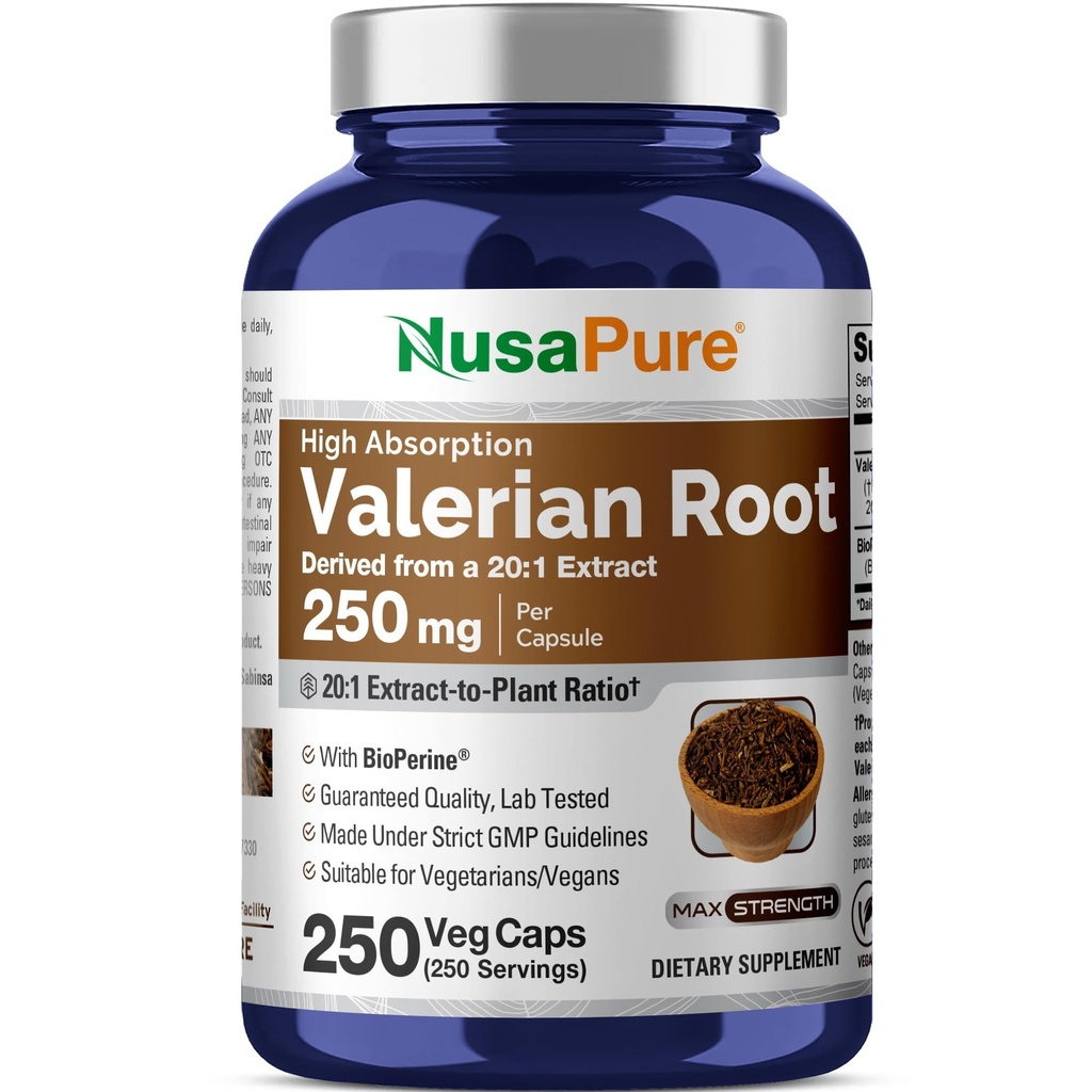 NusaPure Valerian root 20:1 提取物,250 mg 等效于 5000 mg per Veggie Caps, 250 counter, Vegan, 非 GMO, Bioperine
