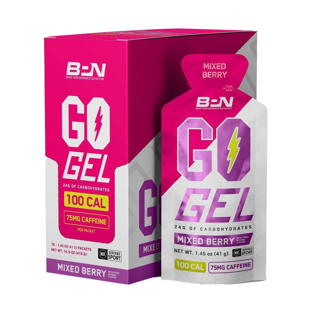 BARE 绩效营养,BPN Go Gel 耐力,每包24克碳水化合物和100卡路里,Vegan + Gluten 自由奔跑Gel,10个单服务包装,咖啡酸混合莓
